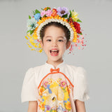 Mandarin Collar Little Lamb Print Puff Sleeves Ruched Trim Dress for Kids