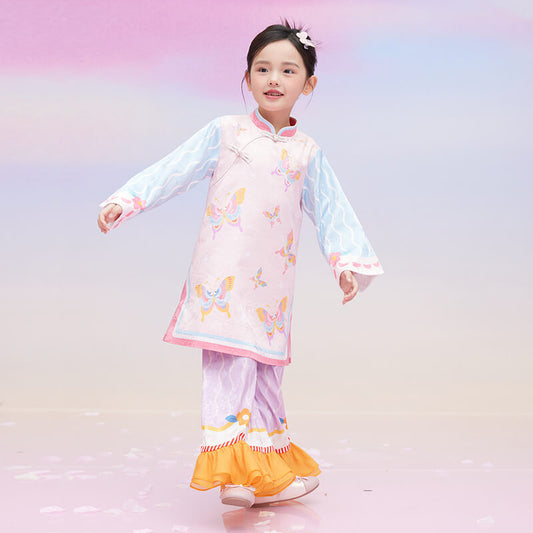 Floral Journey Wonderful Butterflies Color Block Qipao Cheongsam Dress-1 -  NianYi, Chinese Traditional Clothing for Kids