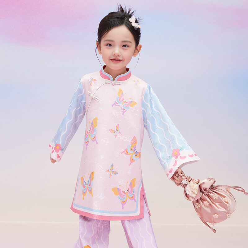 Floral Journey Wonderful Butterflies Color Block Qipao Cheongsam Dress-5-color-Litmus Pink -  NianYi, Chinese Traditional Clothing for Kids