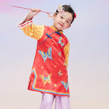 Floral Journey Wonderful Butterflies Color Block Qipao Cheongsam Dress-8-color-Coral Red -  NianYi, Chinese Traditional Clothing for Kids