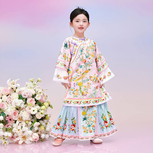 Floral Journey Bird and Flower Wide Sleeves Qi Robe-1 -  NianYi, Chinese Traditional Clothing for Kids