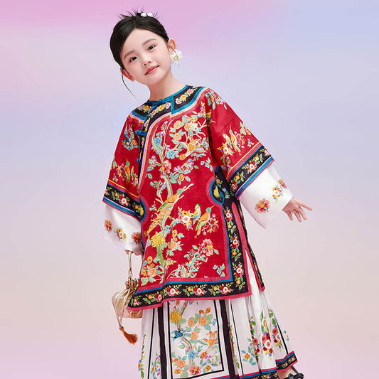 Floral Journey Bird and Flower Wide Sleeves Qi Robe-2 -  NianYi, Chinese Traditional Clothing for Kids
