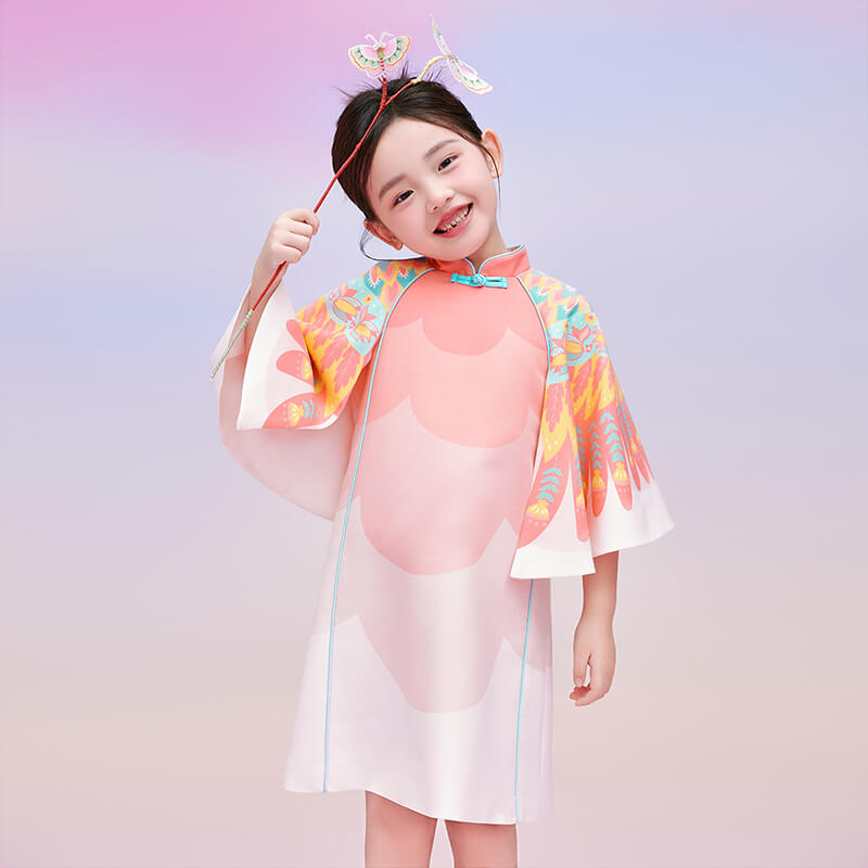 Floral Journey Wide Sleeves Gradient Dress-5-color-Pale Crimson -  NianYi, Chinese Traditional Clothing for Kids