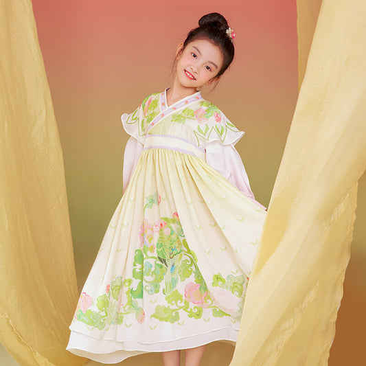 Floral Journey Flower and Parrot Print Wide Sleeves Hanfu Dress-1 -  NianYi, Chinese Traditional Clothing for Kids