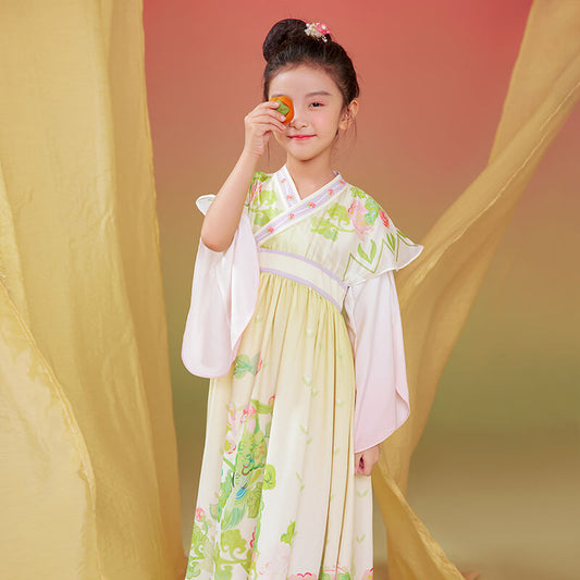 Floral Journey Flower and Parrot Print Wide Sleeves Hanfu Dress-2 -  NianYi, Chinese Traditional Clothing for Kids
