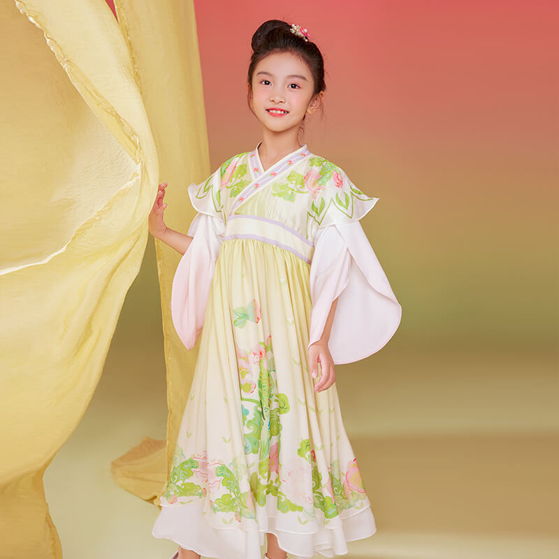 Floral Journey Flower and Parrot Print Wide Sleeves Hanfu Dress-4-color-Pale Crimson -  NianYi, Chinese Traditional Clothing for Kids