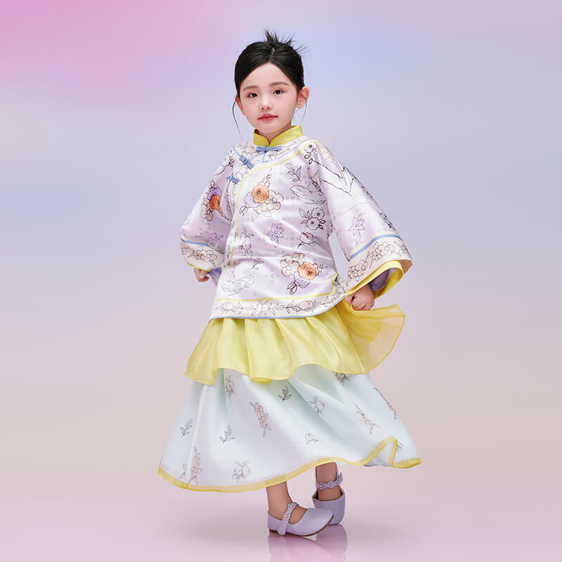 Floral Journey Bird and Flower Modern Style Qi Cheongsam Dress-3-color-Light Petunia Purple -  NianYi, Chinese Traditional Clothing for Kids