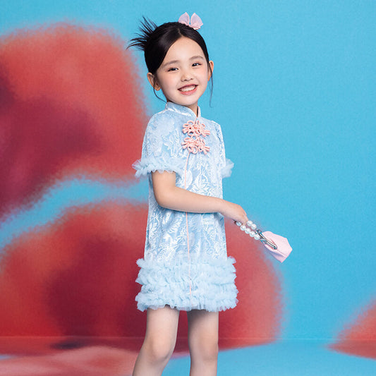 Floral Journey Jacquard Velvet Modern Cheongsam-2 -  NianYi, Chinese Traditional Clothing for Kids