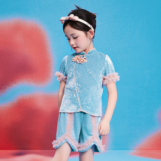 Floral Journey Jaquard Velvet Mandarin Shirt-1 -  NianYi, Chinese Traditional Clothing for Kids
