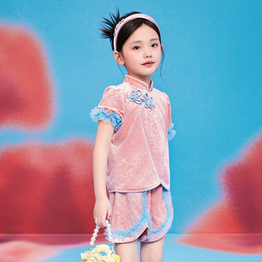 Floral Journey Jaquard Velvet Mandarin Shirt-2 -  NianYi, Chinese Traditional Clothing for Kids