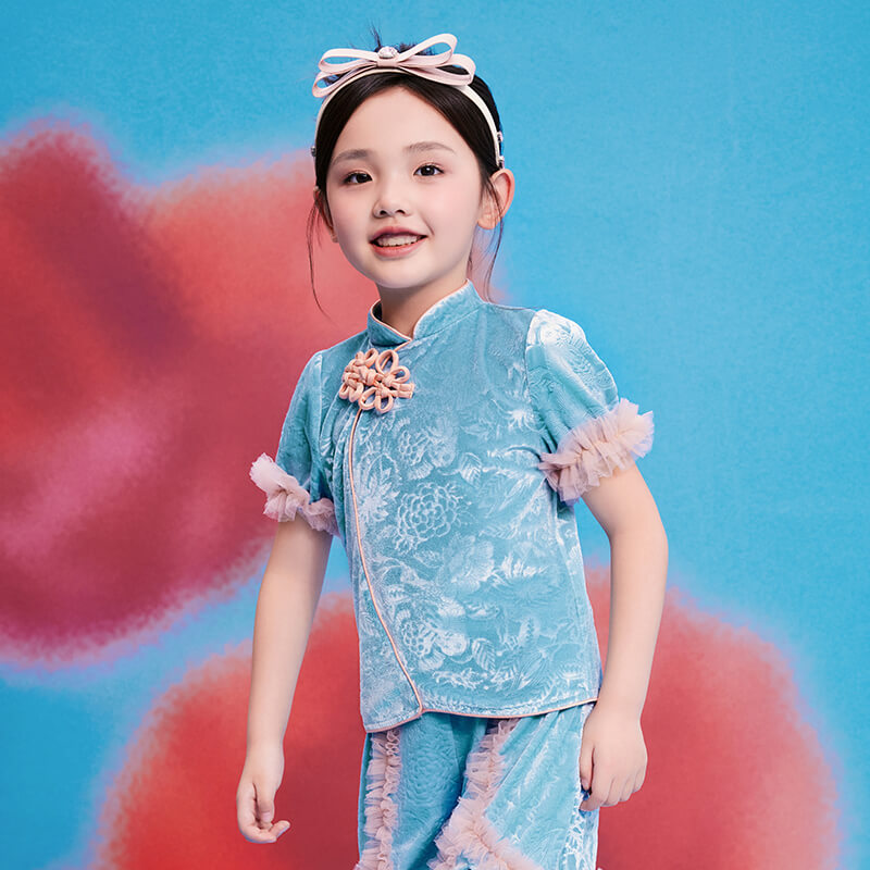 Floral Journey Jaquard Velvet Mandarin Shirt-4-color-Vault Blue -  NianYi, Chinese Traditional Clothing for Kids