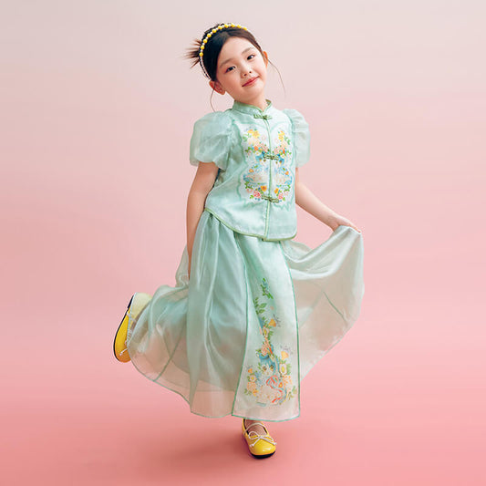 Floral Journey Cat Friends Frog Knot Shirt and Skirt Set-1 -  NianYi, Chinese Traditional Clothing for Kids