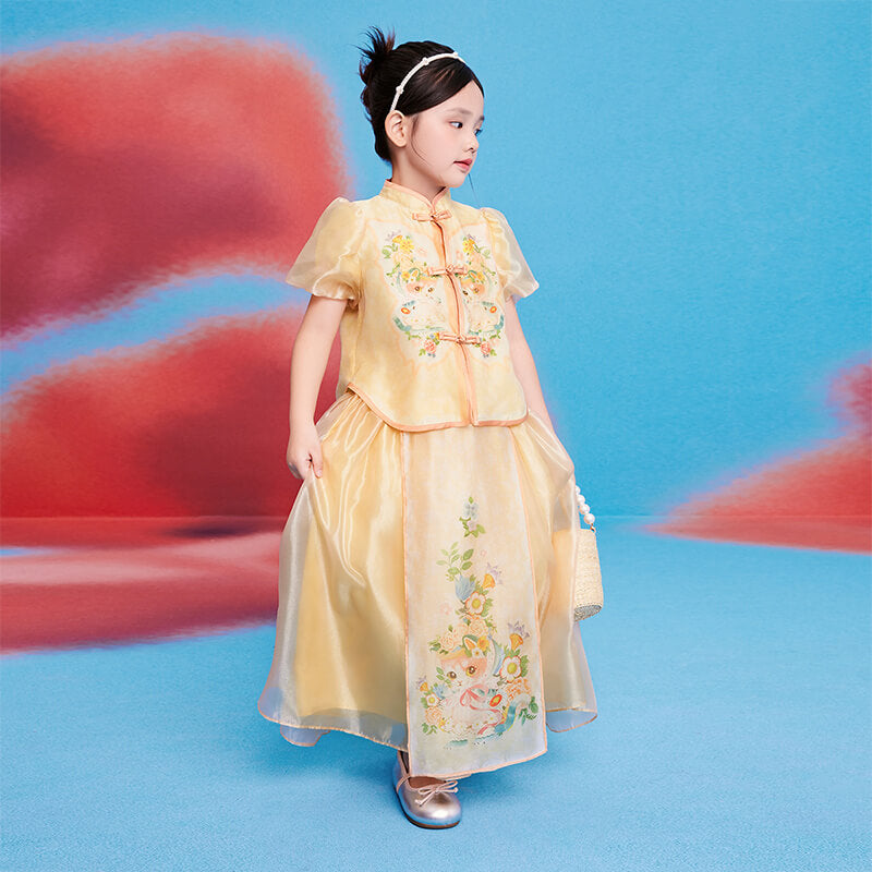 Floral Journey Cat Friends Frog Knot Shirt and Skirt Set-4-color-Butter Yellow -  NianYi, Chinese Traditional Clothing for Kids