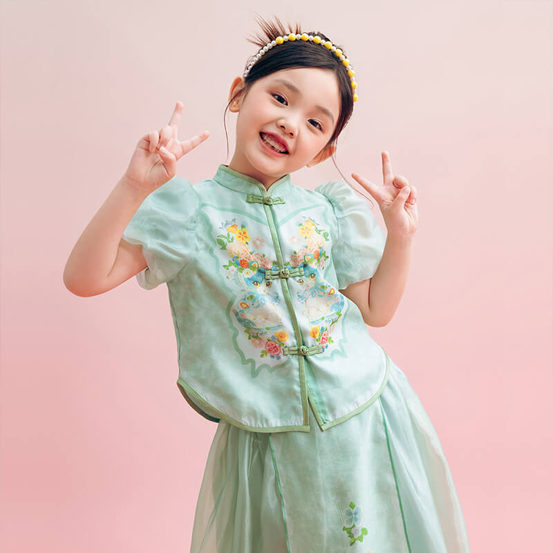 Floral Journey Cat Friends Frog Knot Shirt and Skirt Set-6-color-Pinkish Green -  NianYi, Chinese Traditional Clothing for Kids