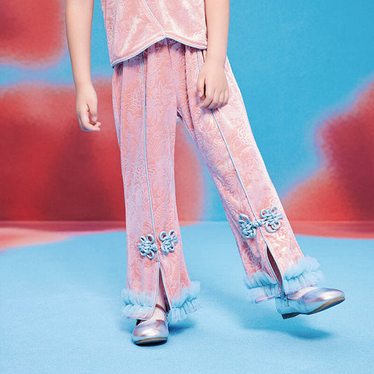 Floral Journey Jaquard Velvet Flare Pants-1-color-Litmus Pink -  NianYi, Chinese Traditional Clothing for Kids