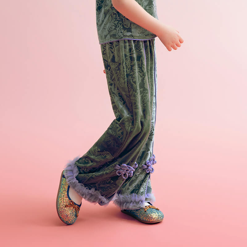 Floral Journey Jaquard Velvet Flare Pants-5-color-Wave Green -  NianYi, Chinese Traditional Clothing for Kids