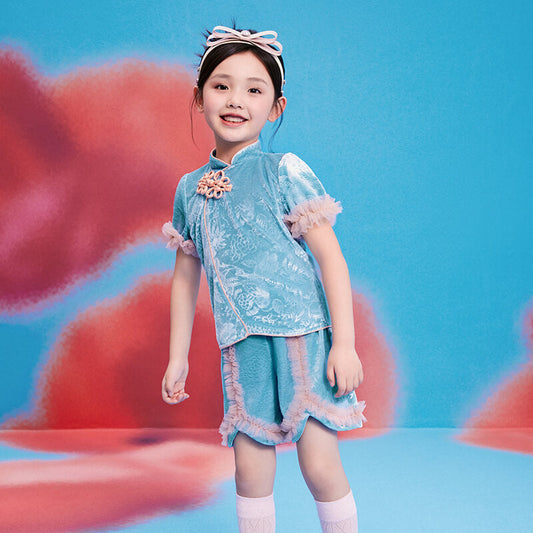 Floral Journey Jaquard Velvet Colorblock Shorts-1-color-Vault Blue -  NianYi, Chinese Traditional Clothing for Kids