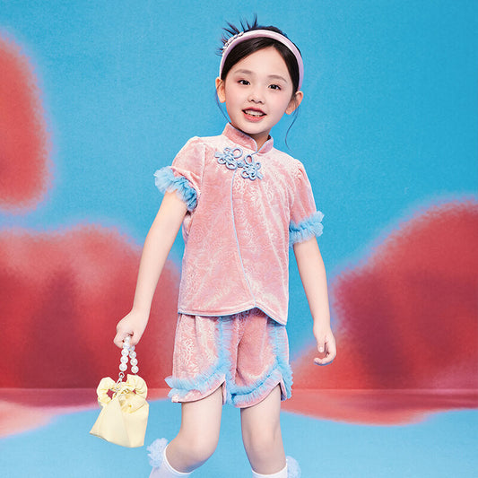 Floral Journey Jaquard Velvet Colorblock Shorts-2-color-Litmus Pink -  NianYi, Chinese Traditional Clothing for Kids