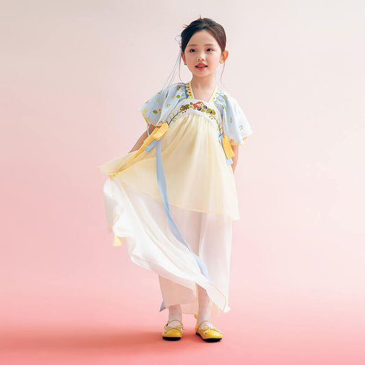 Floral Journey Short Sleeves and Ribbons Layered Hanfu-1-color-Vault Blue -  NianYi, Chinese Traditional Clothing for Kids