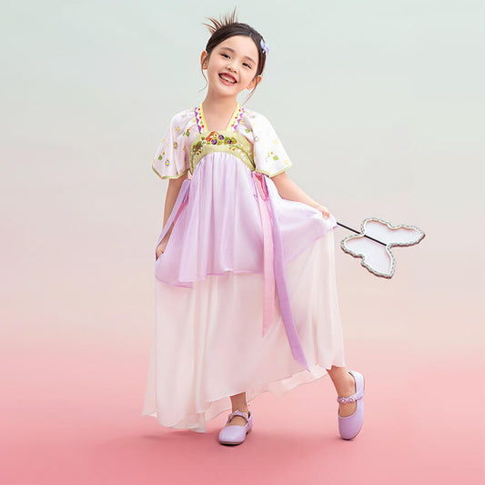 Floral Journey Short Sleeves and Ribbons Layered Hanfu-2 -  NianYi, Chinese Traditional Clothing for Kids