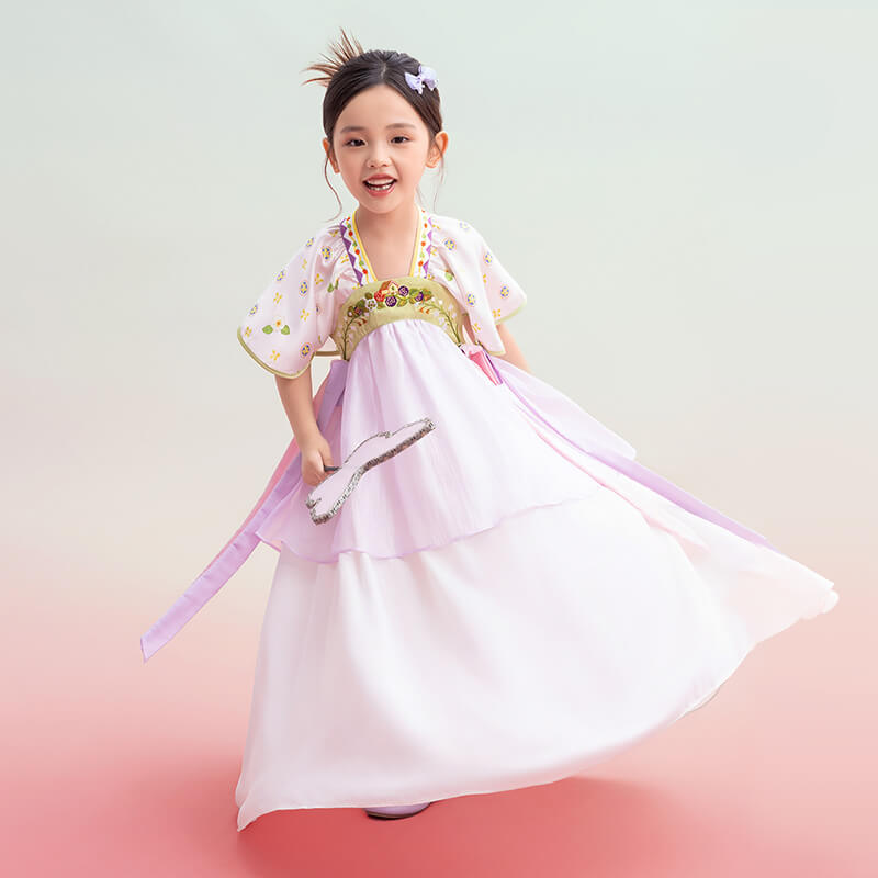 Floral Journey Short Sleeves and Ribbons Layered Hanfu-3 -  NianYi, Chinese Traditional Clothing for Kids