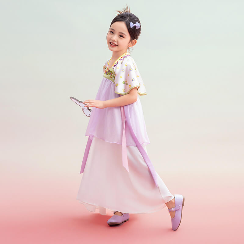 Floral Journey Short Sleeves and Ribbons Layered Hanfu-4-color-Pale Crimson -  NianYi, Chinese Traditional Clothing for Kids