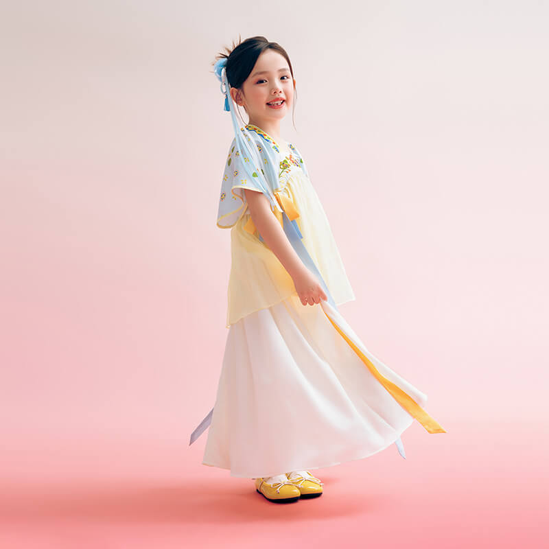 Floral Journey Short Sleeves and Ribbons Layered Hanfu-5 -  NianYi, Chinese Traditional Clothing for Kids