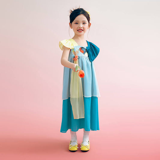 Floral Journey Asymmetric Sleeves Colorblock Layered Dress-1 -  NianYi, Chinese Traditional Clothing for Kids