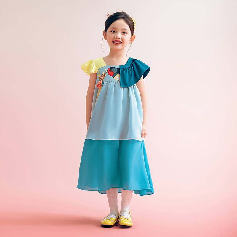 Floral Journey Asymmetric Sleeves Colorblock Layered Dress-3-color-Late Wave Blue -  NianYi, Chinese Traditional Clothing for Kids