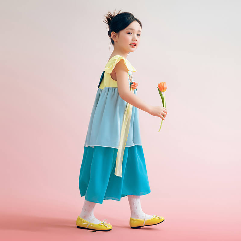 Floral Journey Asymmetric Sleeves Colorblock Layered Dress-4 -  NianYi, Chinese Traditional Clothing for Kids