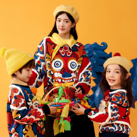 Chinese Zodiac Joyful Dragon Color Contrast Sweater for Kids