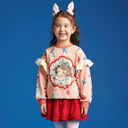 Cozy Bunny Ruffle Trim Sweatshirt-3-color-Pale Crimson -  NianYi, Chinese Traditional Clothing for Kids
