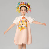 Mandarin Collar Little Lamb Print Puff Sleeves Ruched Trim Dress-1 -  NianYi, Chinese Traditional Clothing for Kids