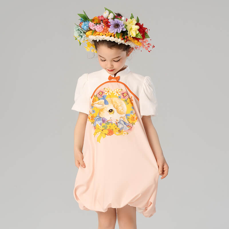 Mandarin Collar Little Lamb Print Puff Sleeves Ruched Trim Dress-3 -  NianYi, Chinese Traditional Clothing for Kids