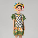 Animal Friends Ruffle Trim Checkered Qipao Dress-4 -  NianYi, Chinese Traditional Clothing for Kids