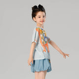 Animal Friends Bow Graphic Tee and Puff Hem Shorts-5 -  NianYi, Chinese Traditional Clothing for Kids