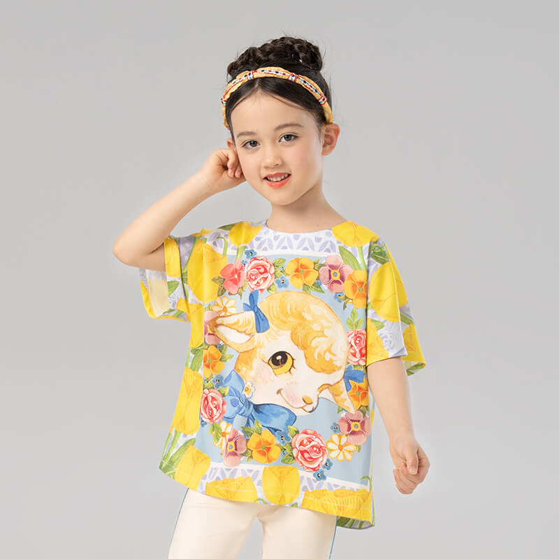 Flowers and Animal Friends Graphic Tee-3-color-Phoneix Letter Purple -  NianYi, Chinese Traditional Clothing for Kids