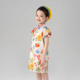 Summer Garden Flower Graphic Puff Sleeves Qipao Dress-11 -  NianYi, Chinese Traditional Clothing for Kids