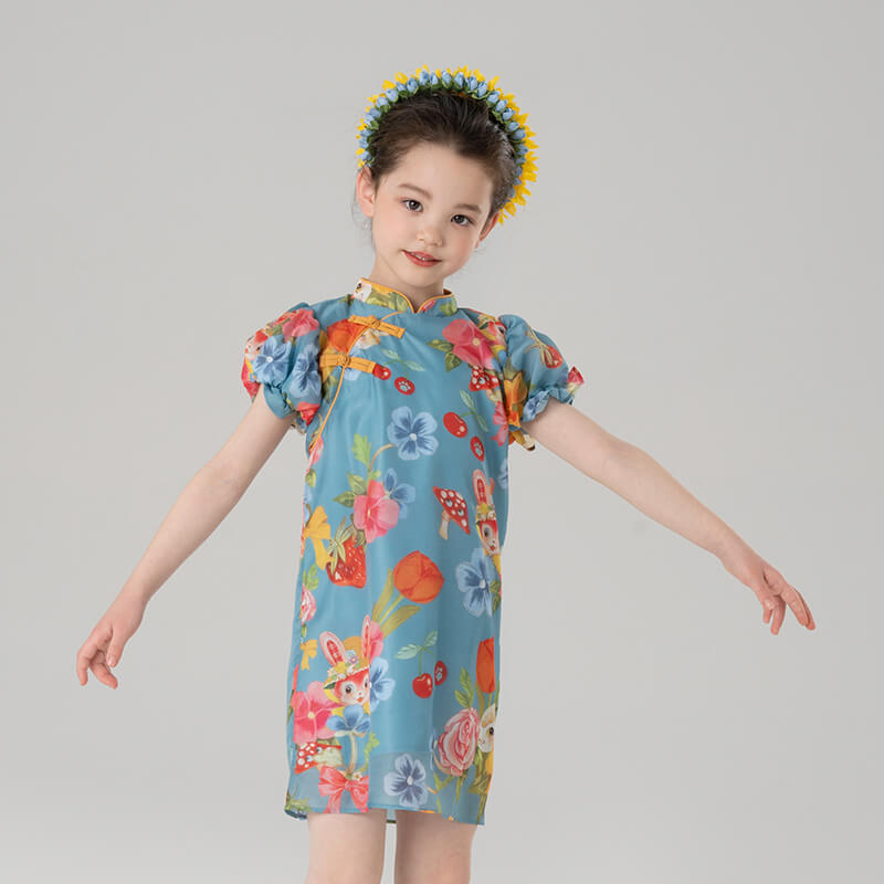 Summer Garden Flower Graphic Puff Sleeves Qipao Dress-7-color-Late Wave Blue -  NianYi, Chinese Traditional Clothing for Kids