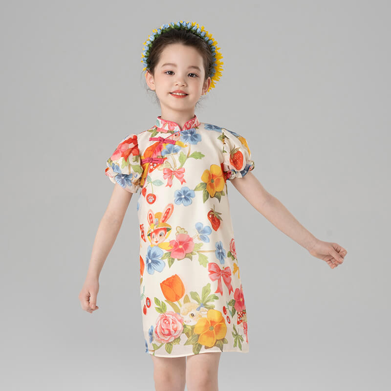 Summer Garden Flower Graphic Puff Sleeves Qipao Dress-9-color-Fried Beige -  NianYi, Chinese Traditional Clothing for Kids
