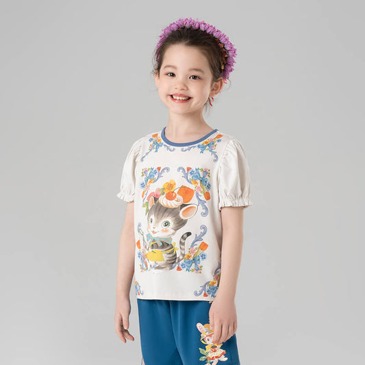 Animal Friends Puff Sleeve Tee-1 -  NianYi, Chinese Traditional Clothing for Kids