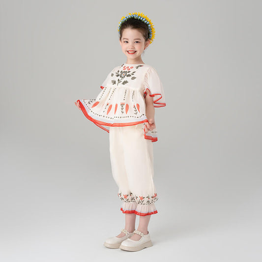 Summer Garden Ruffle Trim Top and Capri Pants Set-1 -  NianYi, Chinese Traditional Clothing for Kids