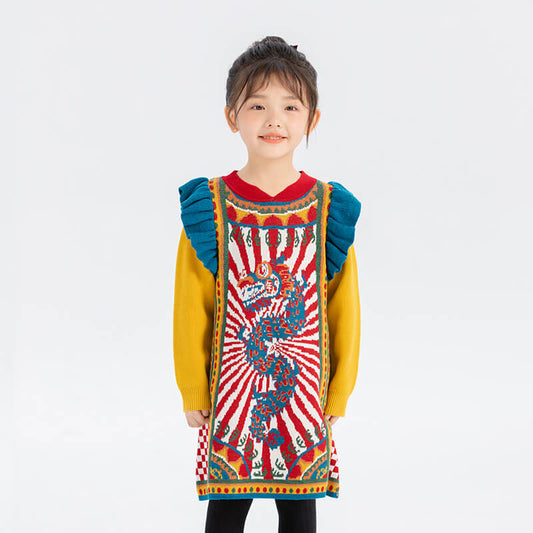 Dragon Long Colorblock Flare Sleeves Checkerboard Knit Dress-2 -  NianYi, Chinese Traditional Clothing for Kids