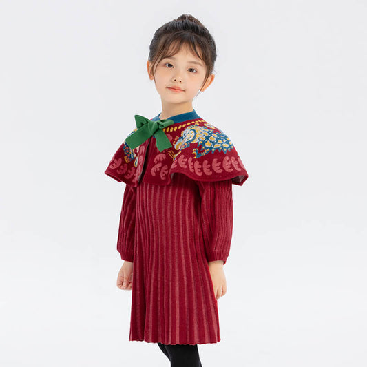 Chinese Zodiac Dragon Dance Flap Collar Knit Dress-2 -  NianYi, Chinese Traditional Clothing for Kids