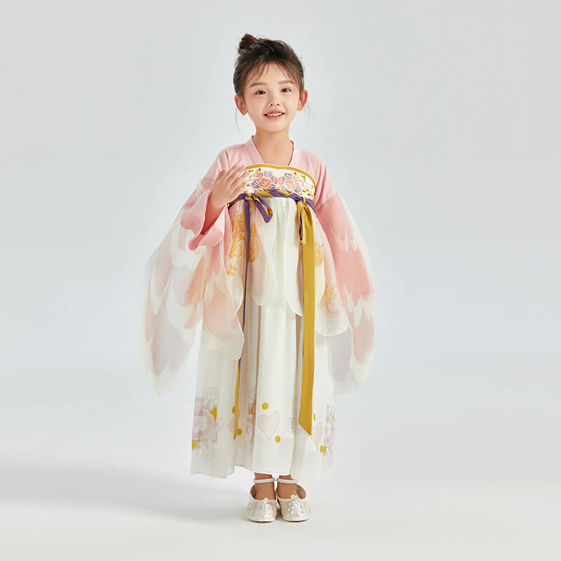 Longlast Joy Embroidery Flare Sleeves Layered Mesh Handu Dress-8-color-First Peach Pink -  NianYi, Chinese Traditional Clothing for Kids