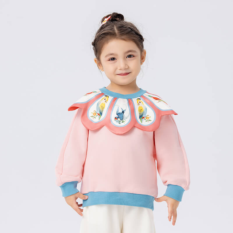 Realistic Bird Folding Pingfeng Style Painting Cloud Collar Color Contrast Pullover Sweatshirt-2 -  NianYi, Chinese Traditional Clothing for Kids