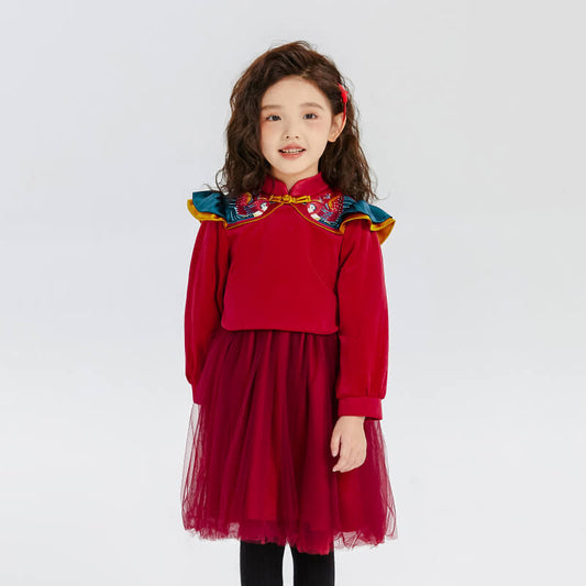 Floral Journey Bird Embroidery Flare Collar Tutu Dress-1 -  NianYi, Chinese Traditional Clothing for Kids