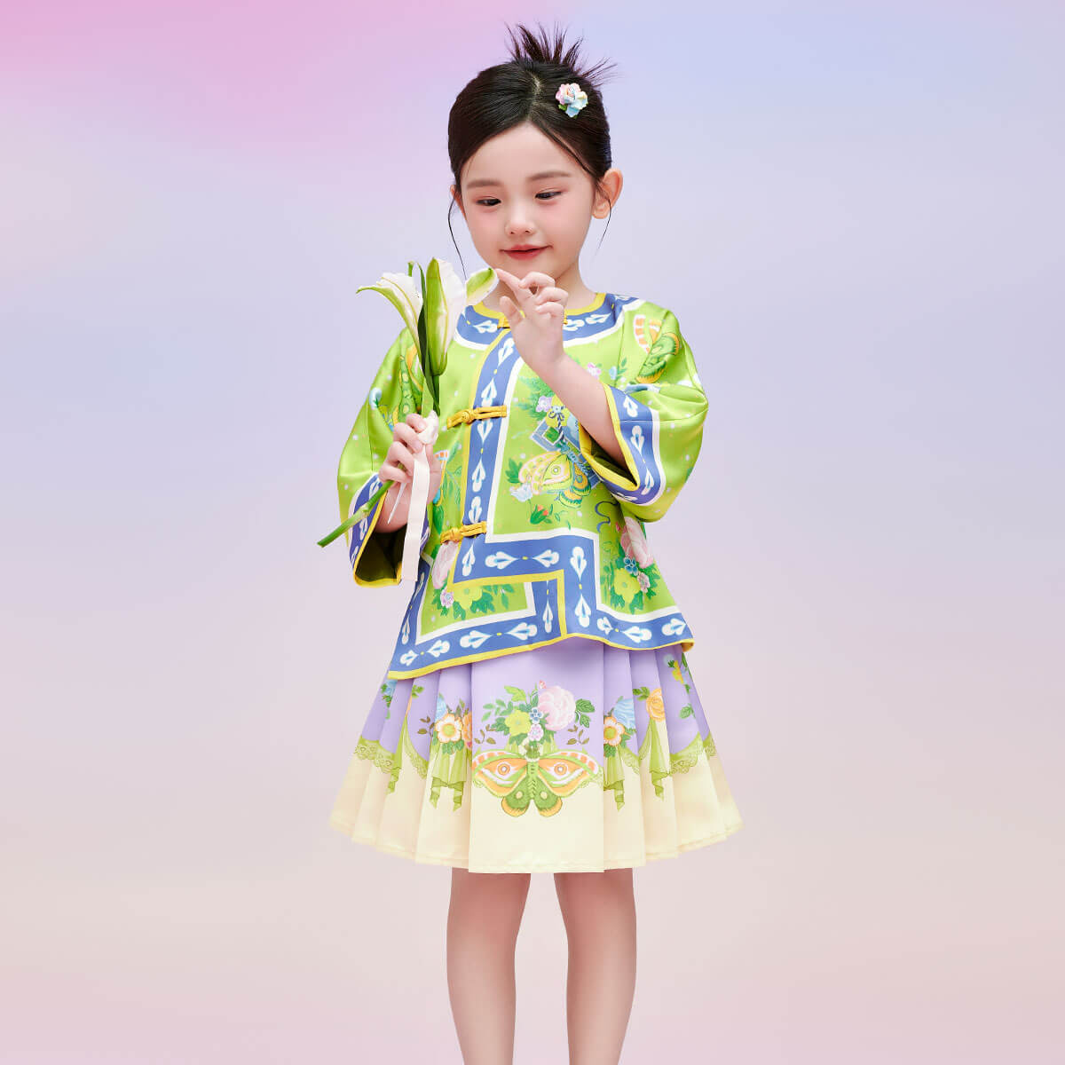 Floral Journey Butterflies and Bloom Garden Dress Set-7-color-Pine Green -  NianYi, Chinese Traditional Clothing for Kids