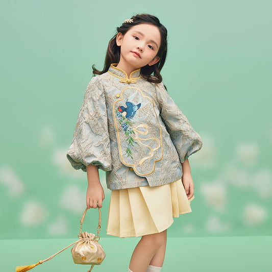 Floral Journey Solid Color Pleated Skirt-1 -  NianYi, Chinese Traditional Clothing for Kids
