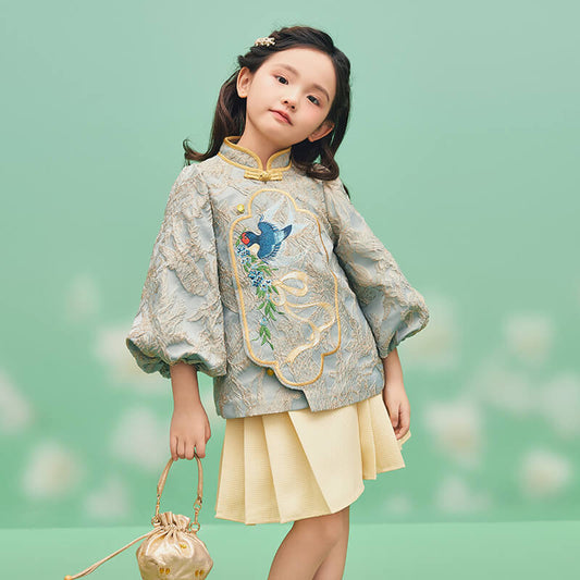 Floral Journey Spring Days and Swallow Jacquard Shirt Top-1 -  NianYi, Chinese Traditional Clothing for Kids